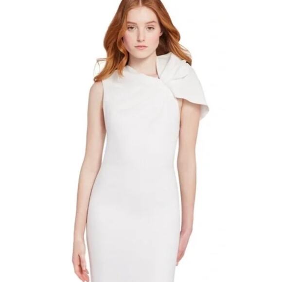 Alice + Olivia Kiro Ruffle-Shoulder Midi Sheath Dress in Bright White Size 4 - Picture 3 of 13